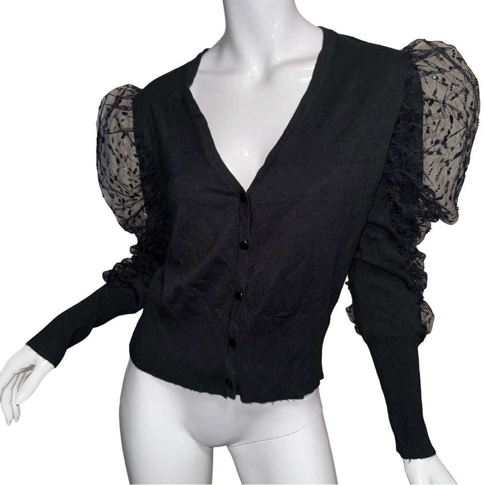 NWT Black Cropped Cardigan with Sheer Puff Sleeves Fairy Whimsigoth